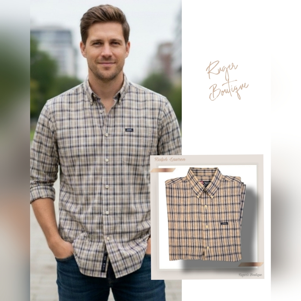 🌿Chaps by Ralph Lauren Men's Medium Button Down Tan/Black Plaid